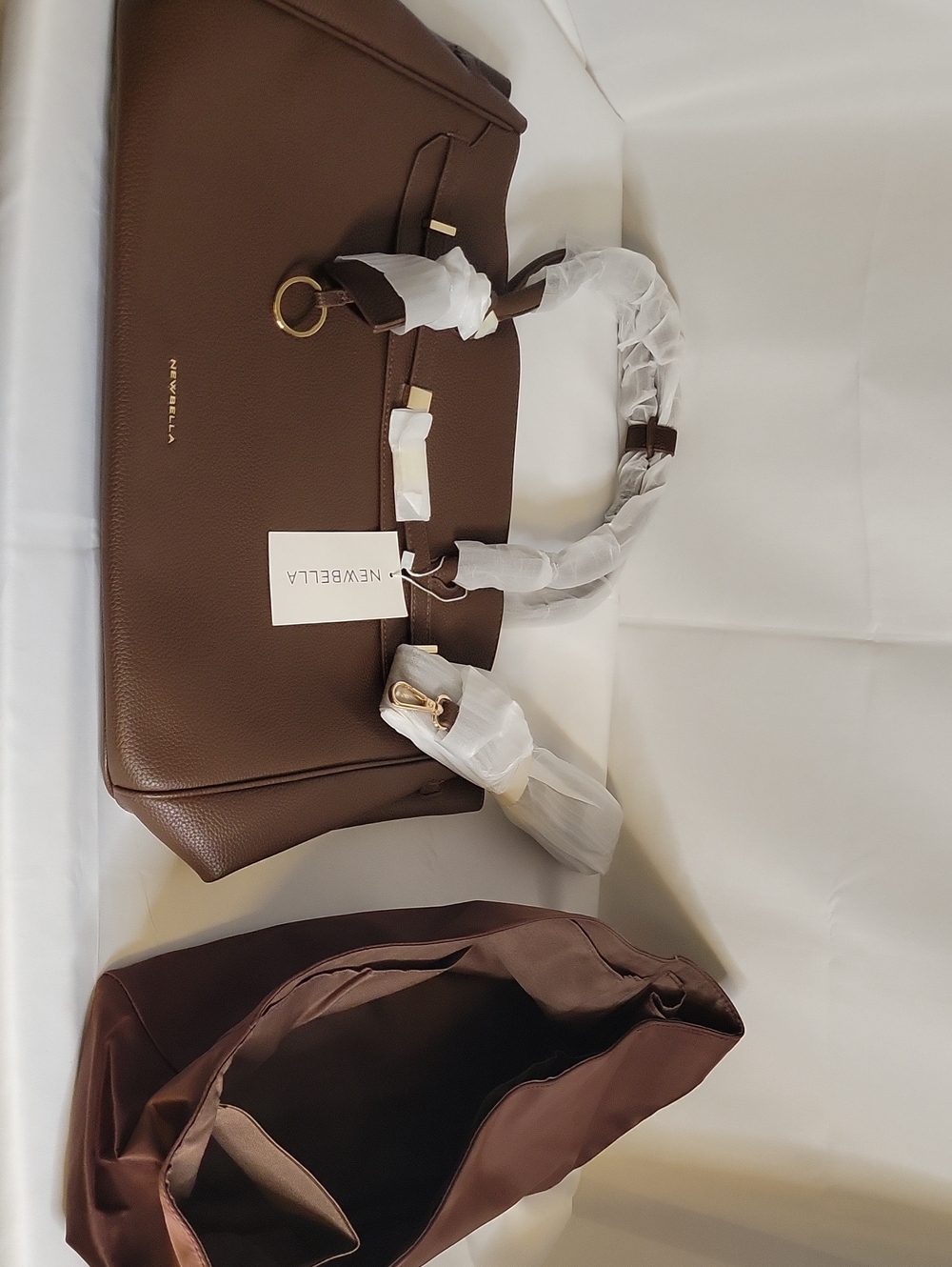 Newbella Brown Leather Tote with Gold Hardware